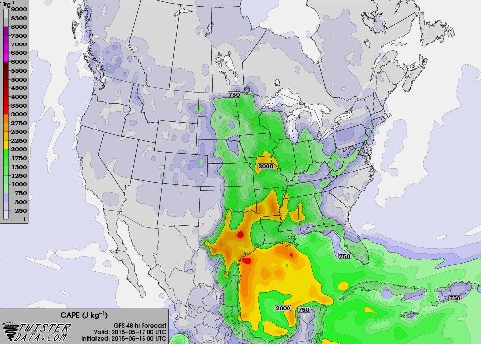 GFS 3 2015051500 F48 CAPE SURFACE